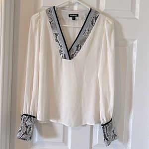 Express cream blouse with gray and black snakeskin trim